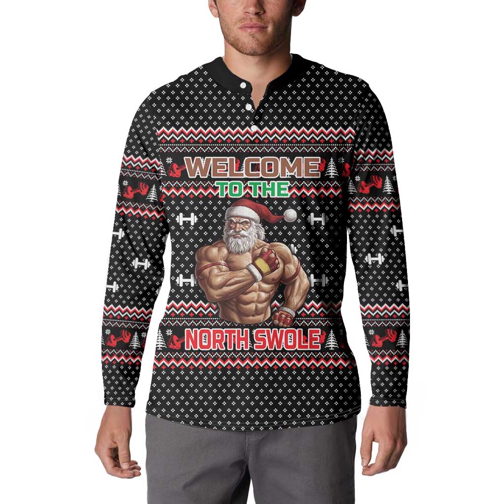 Bodybuilder Santa Christmas Button Sweatshirt with Welcome to the North Swole Quote and Dumbbell - Wonder Print Shop
