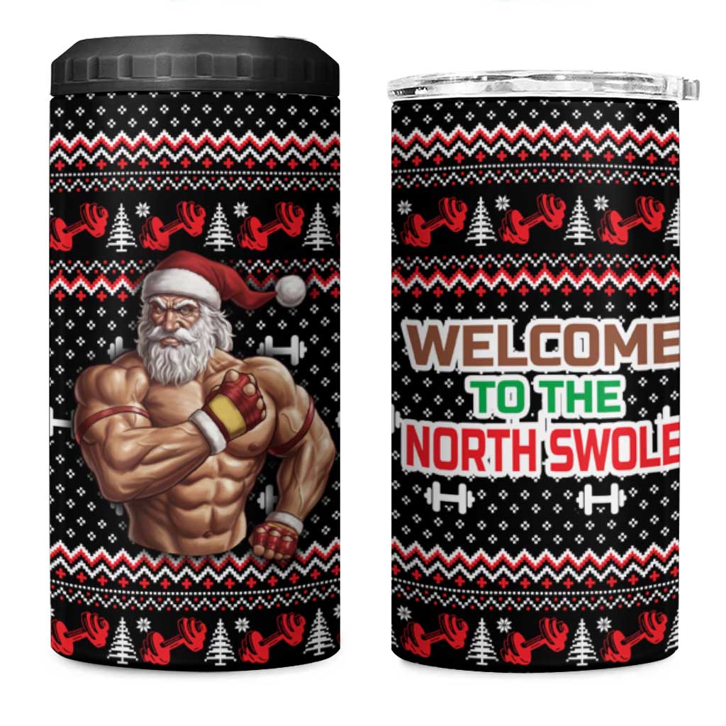 Bodybuilder Santa Christmas 4 in 1 Can Cooler Tumbler with Welcome to the North Swole Quote and Dumbbell - Wonder Print Shop