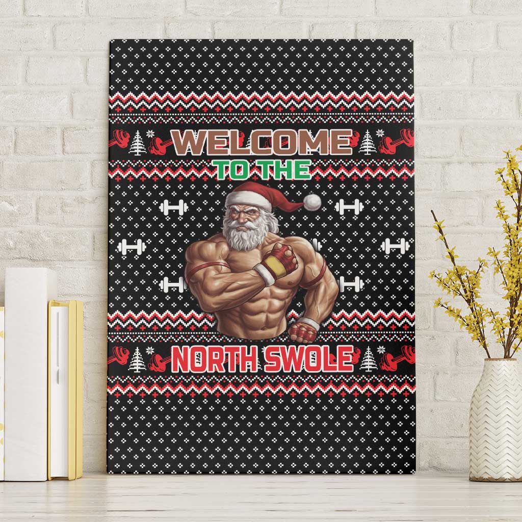 Bodybuilder Santa Christmas Canvas Wall Art with Welcome to the North Swole Quote and Dumbbell - Wonder Print Shop
