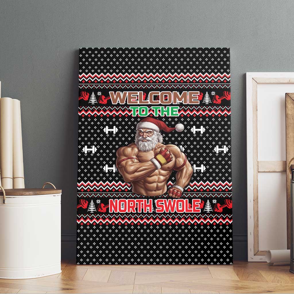 Bodybuilder Santa Christmas Canvas Wall Art with Welcome to the North Swole Quote and Dumbbell - Wonder Print Shop