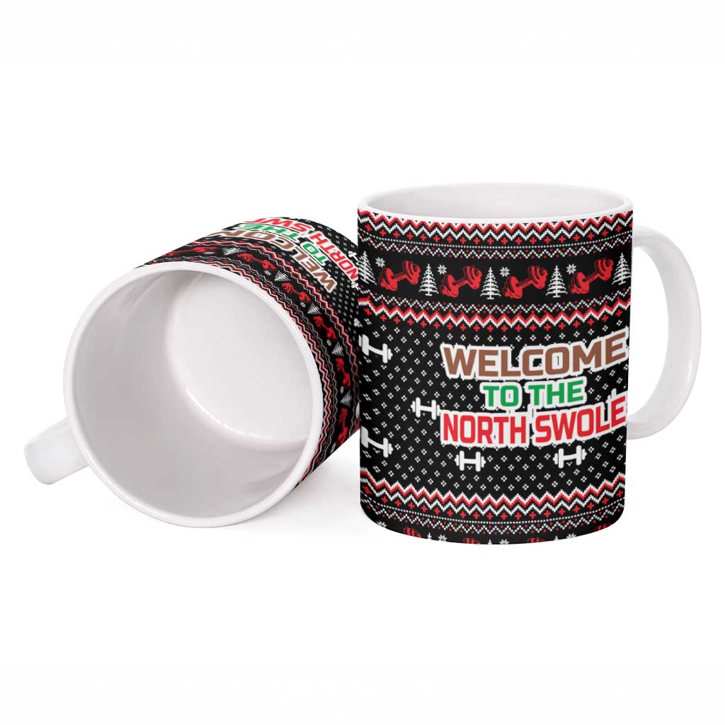 Bodybuilder Santa Christmas Ceramic Mug with Welcome to the North Swole Quote and Dumbbell - Wonder Print Shop