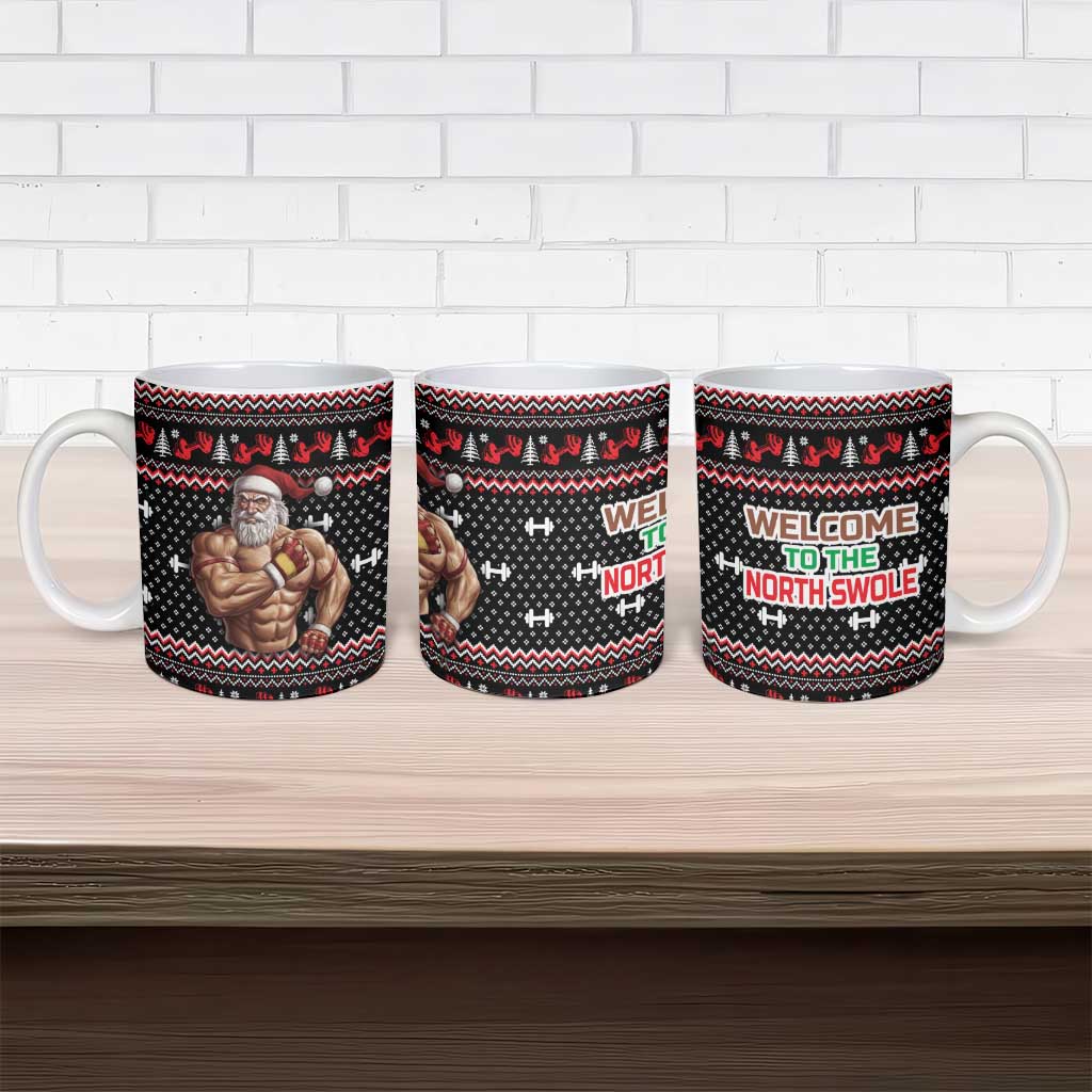 Bodybuilder Santa Christmas Ceramic Mug with Welcome to the North Swole Quote and Dumbbell - Wonder Print Shop