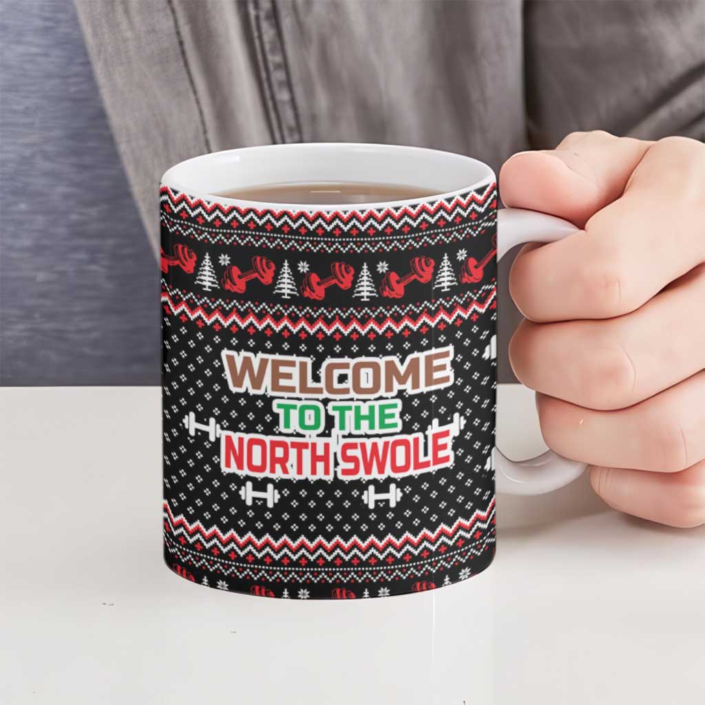 Bodybuilder Santa Christmas Ceramic Mug with Welcome to the North Swole Quote and Dumbbell - Wonder Print Shop