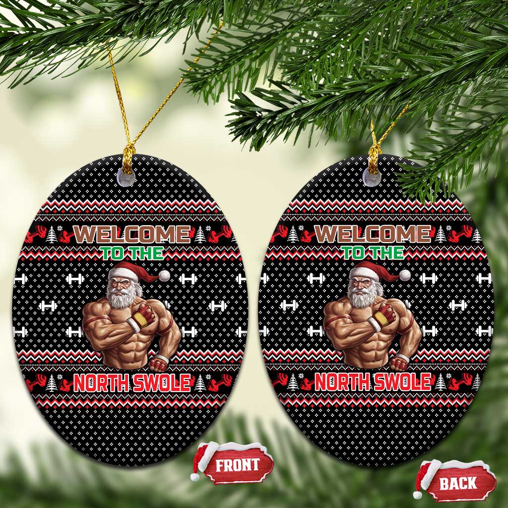 Bodybuilder Santa Christmas Ceramic Ornament with Welcome to the North Swole Quote and Dumbbell - Wonder Print Shop