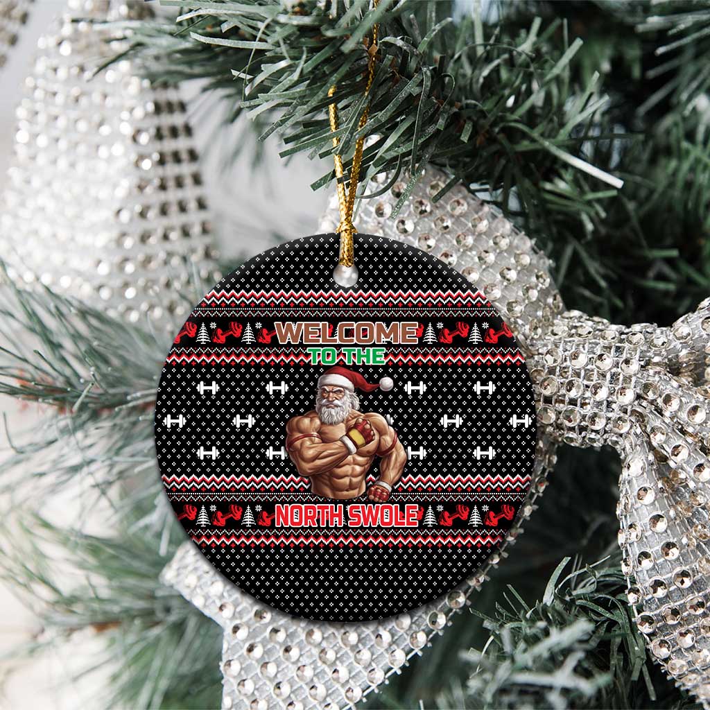 Bodybuilder Santa Christmas Ceramic Ornament with Welcome to the North Swole Quote and Dumbbell - Wonder Print Shop