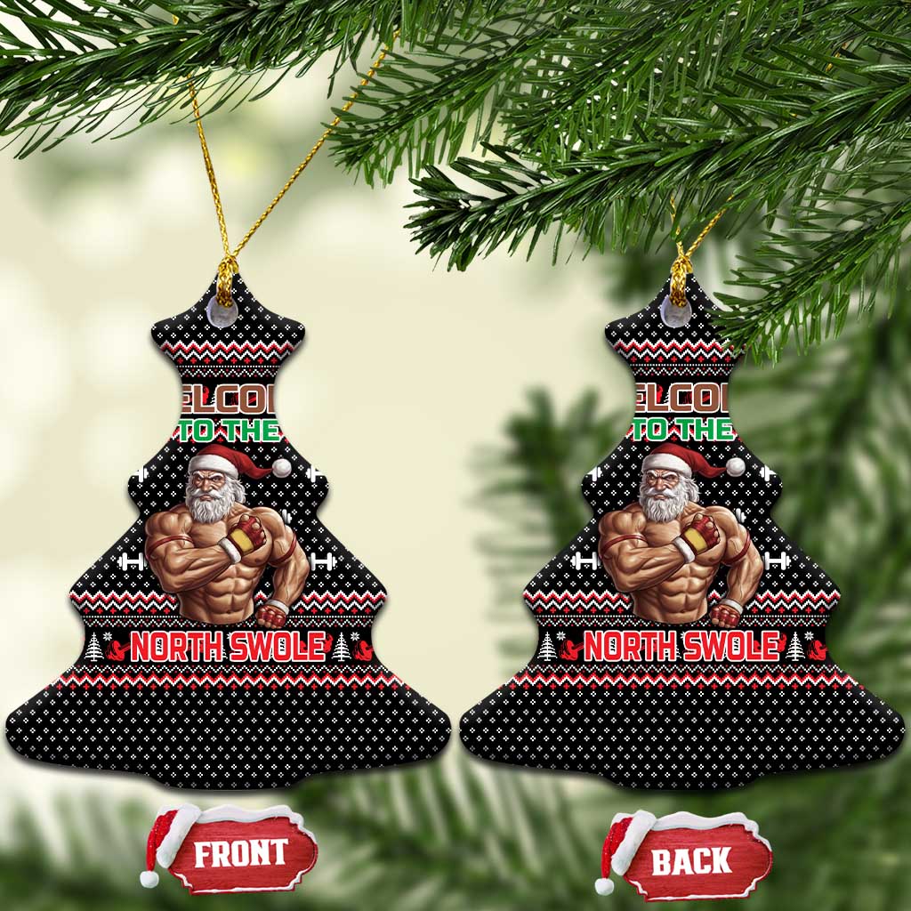 Bodybuilder Santa Christmas Ceramic Ornament with Welcome to the North Swole Quote and Dumbbell - Wonder Print Shop
