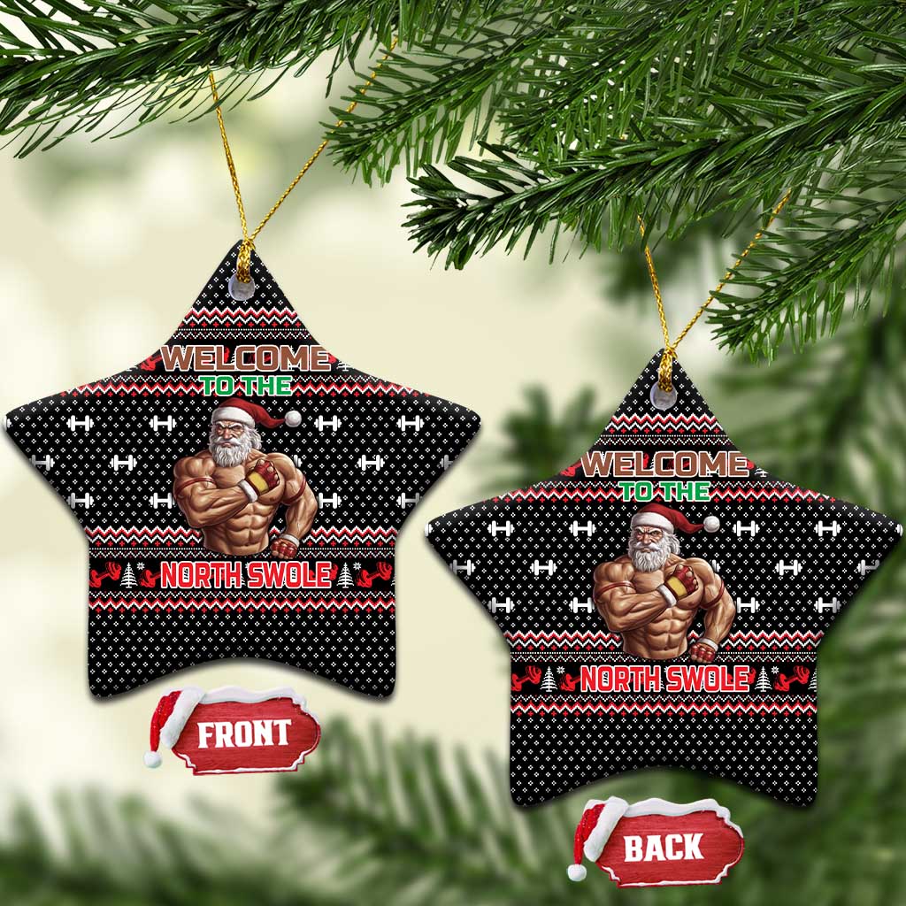Bodybuilder Santa Christmas Ceramic Ornament with Welcome to the North Swole Quote and Dumbbell - Wonder Print Shop