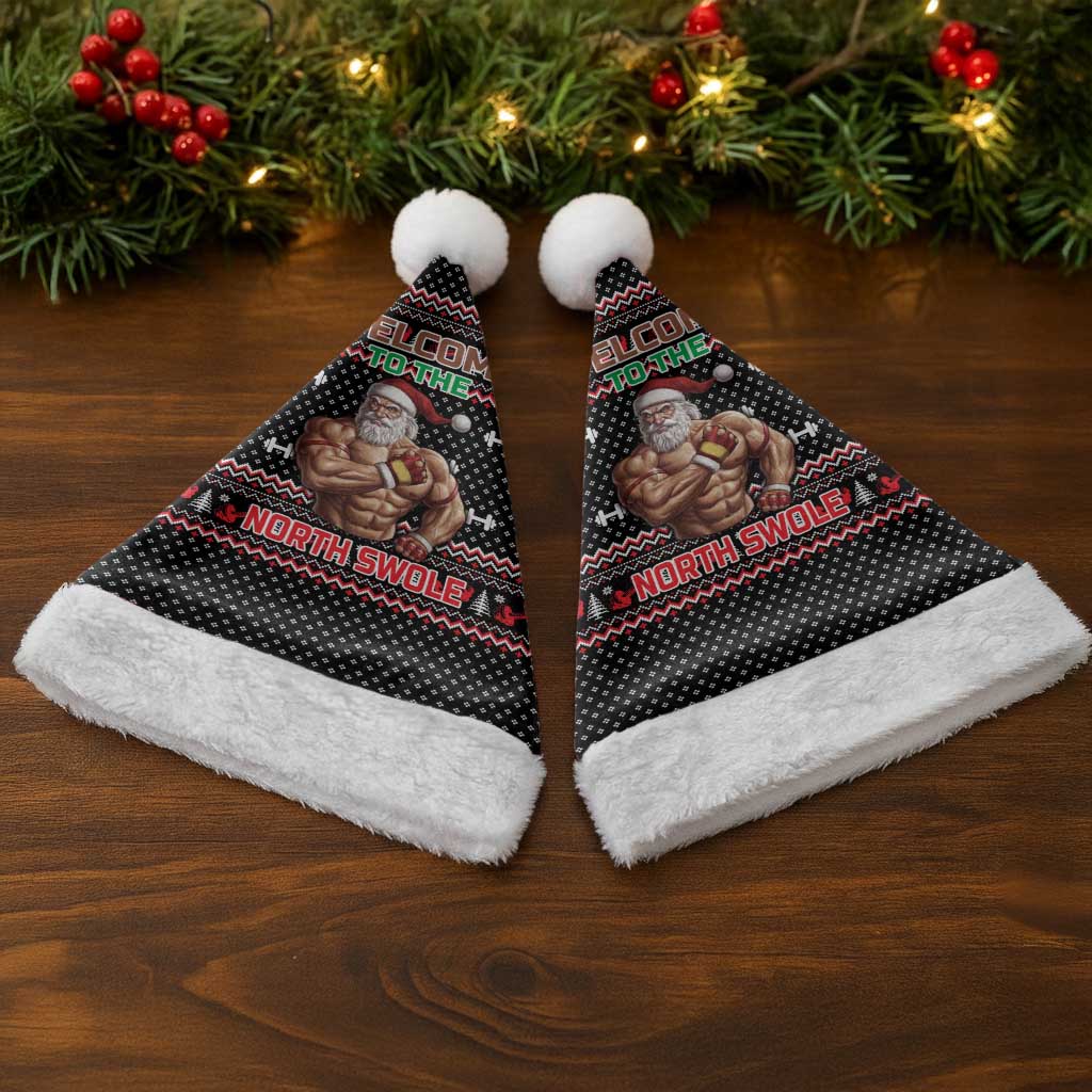 Bodybuilder Santa Christmas Santa Hat with Welcome to the North Swole Quote and Dumbbell - Wonder Print Shop