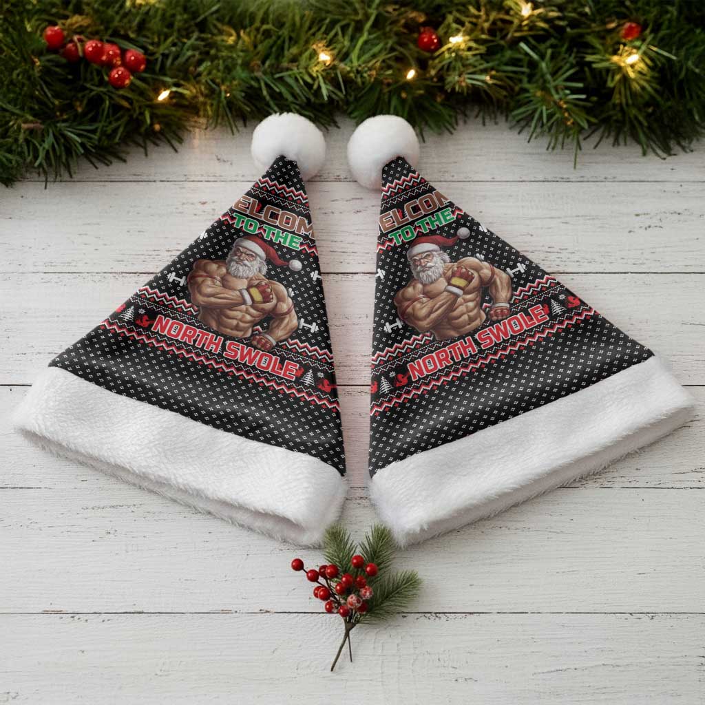 Bodybuilder Santa Christmas Santa Hat with Welcome to the North Swole Quote and Dumbbell - Wonder Print Shop