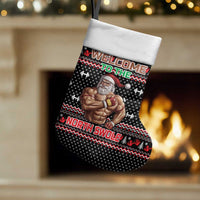Bodybuilder Santa Christmas Stocking with Welcome to the North Swole Quote and Dumbbell - Wonder Print Shop