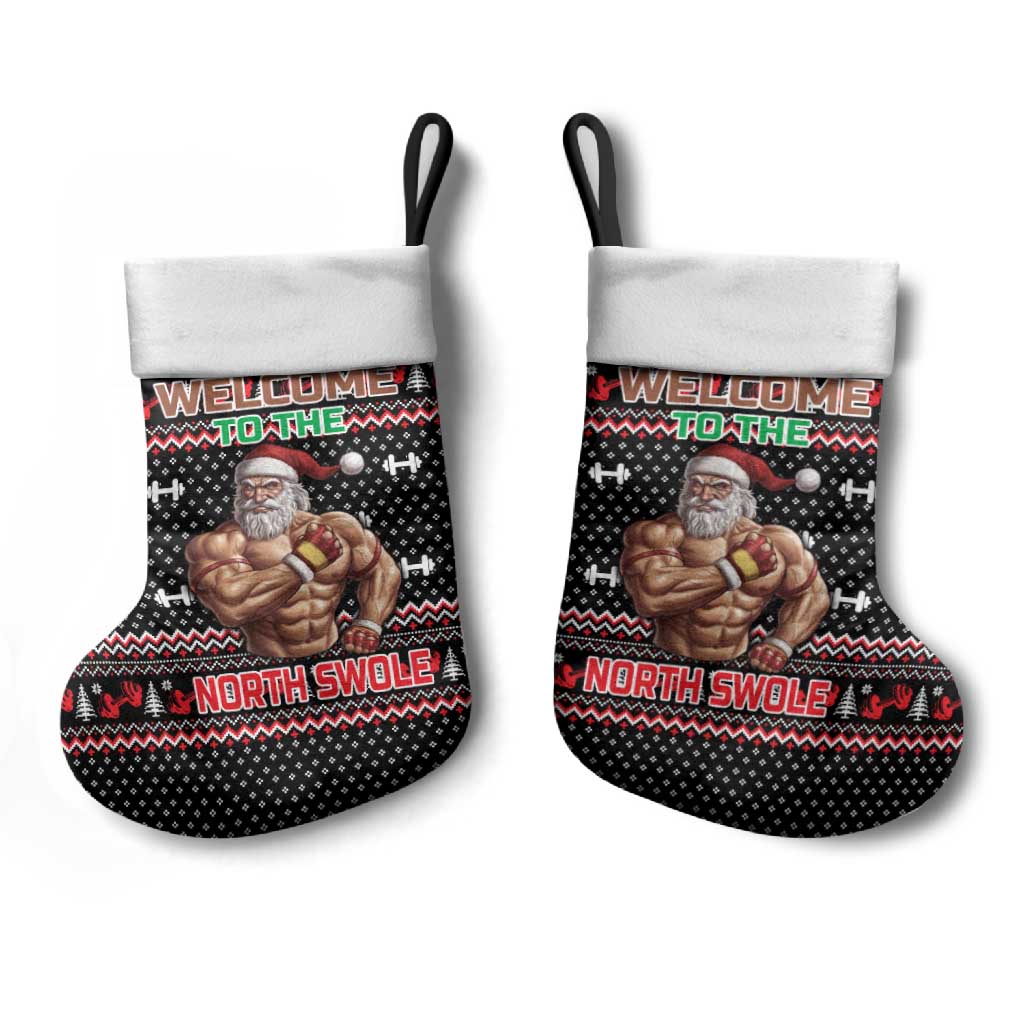 Bodybuilder Santa Christmas Stocking with Welcome to the North Swole Quote and Dumbbell - Wonder Print Shop