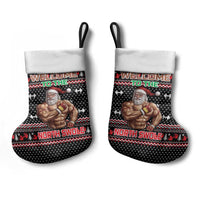 Bodybuilder Santa Christmas Stocking with Welcome to the North Swole Quote and Dumbbell - Wonder Print Shop