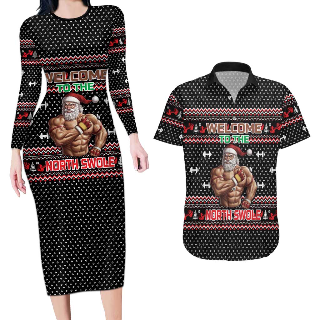 Bodybuilder Santa Christmas Couples Matching Long Sleeve Bodycon Dress and Hawaiian Shirt with Welcome to the North Swole Quote and Dumbbell - Wonder Print Shop