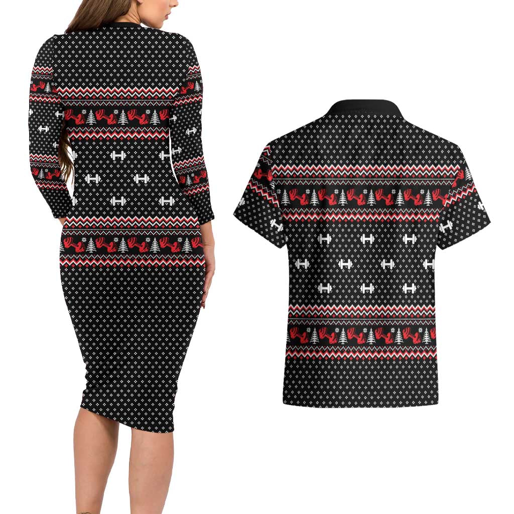 Bodybuilder Santa Christmas Couples Matching Long Sleeve Bodycon Dress and Hawaiian Shirt with Welcome to the North Swole Quote and Dumbbell - Wonder Print Shop