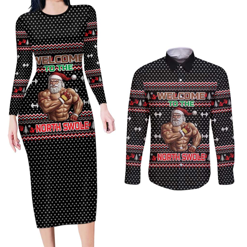 Bodybuilder Santa Christmas Couples Matching Long Sleeve Bodycon Dress and Long Sleeve Button Shirt with Welcome to the North Swole Quote and Dumbbell - Wonder Print Shop