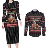 Bodybuilder Santa Christmas Couples Matching Long Sleeve Bodycon Dress and Long Sleeve Button Shirt with Welcome to the North Swole Quote and Dumbbell - Wonder Print Shop