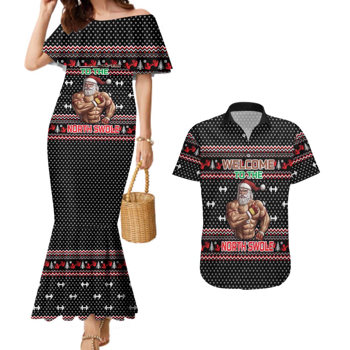 Bodybuilder Santa Christmas Couples Matching Mermaid Dress and Hawaiian Shirt with Welcome to the North Swole Quote and Dumbbell - Wonder Print Shop