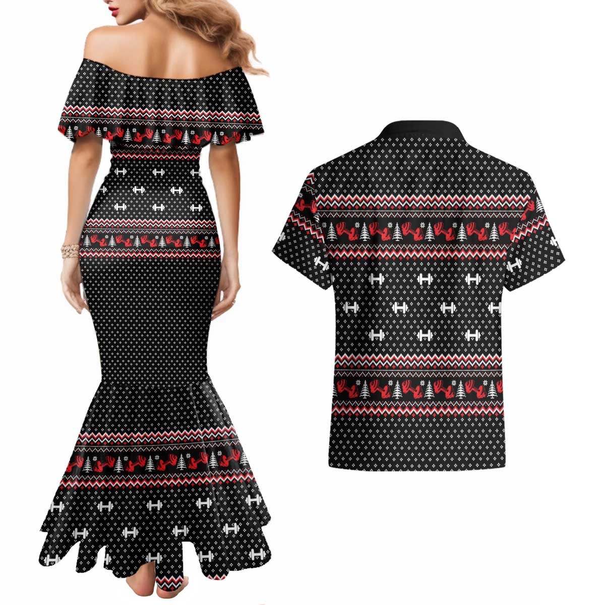 Bodybuilder Santa Christmas Couples Matching Mermaid Dress and Hawaiian Shirt with Welcome to the North Swole Quote and Dumbbell - Wonder Print Shop