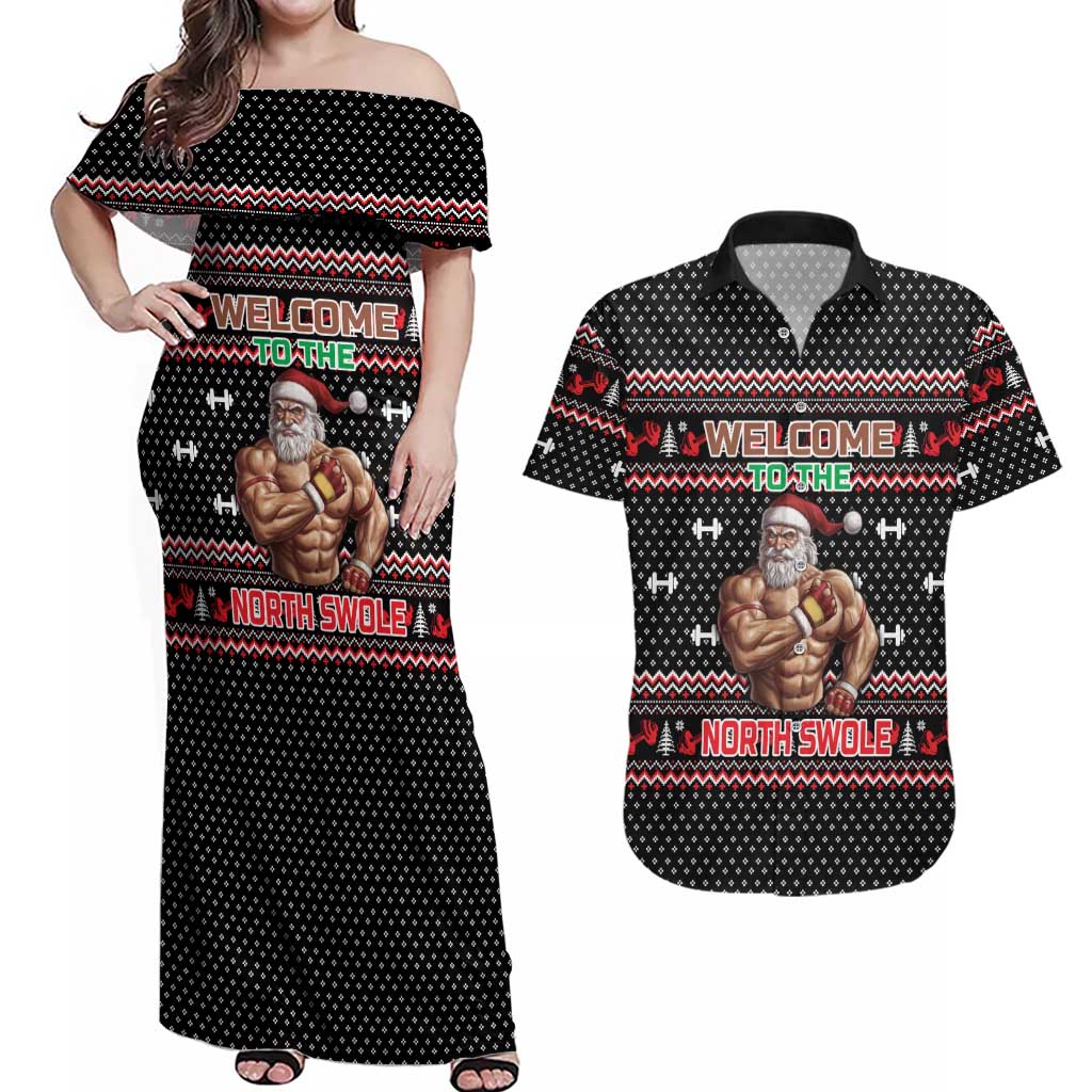 Bodybuilder Santa Christmas Couples Matching Off Shoulder Maxi Dress and Hawaiian Shirt with Welcome to the North Swole Quote and Dumbbell - Wonder Print Shop