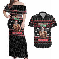 Bodybuilder Santa Christmas Couples Matching Off Shoulder Maxi Dress and Hawaiian Shirt with Welcome to the North Swole Quote and Dumbbell - Wonder Print Shop