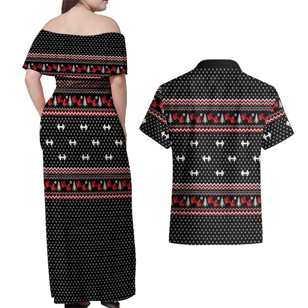 Bodybuilder Santa Christmas Couples Matching Off Shoulder Maxi Dress and Hawaiian Shirt with Welcome to the North Swole Quote and Dumbbell - Wonder Print Shop