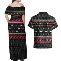 Bodybuilder Santa Christmas Couples Matching Off Shoulder Maxi Dress and Hawaiian Shirt with Welcome to the North Swole Quote and Dumbbell - Wonder Print Shop