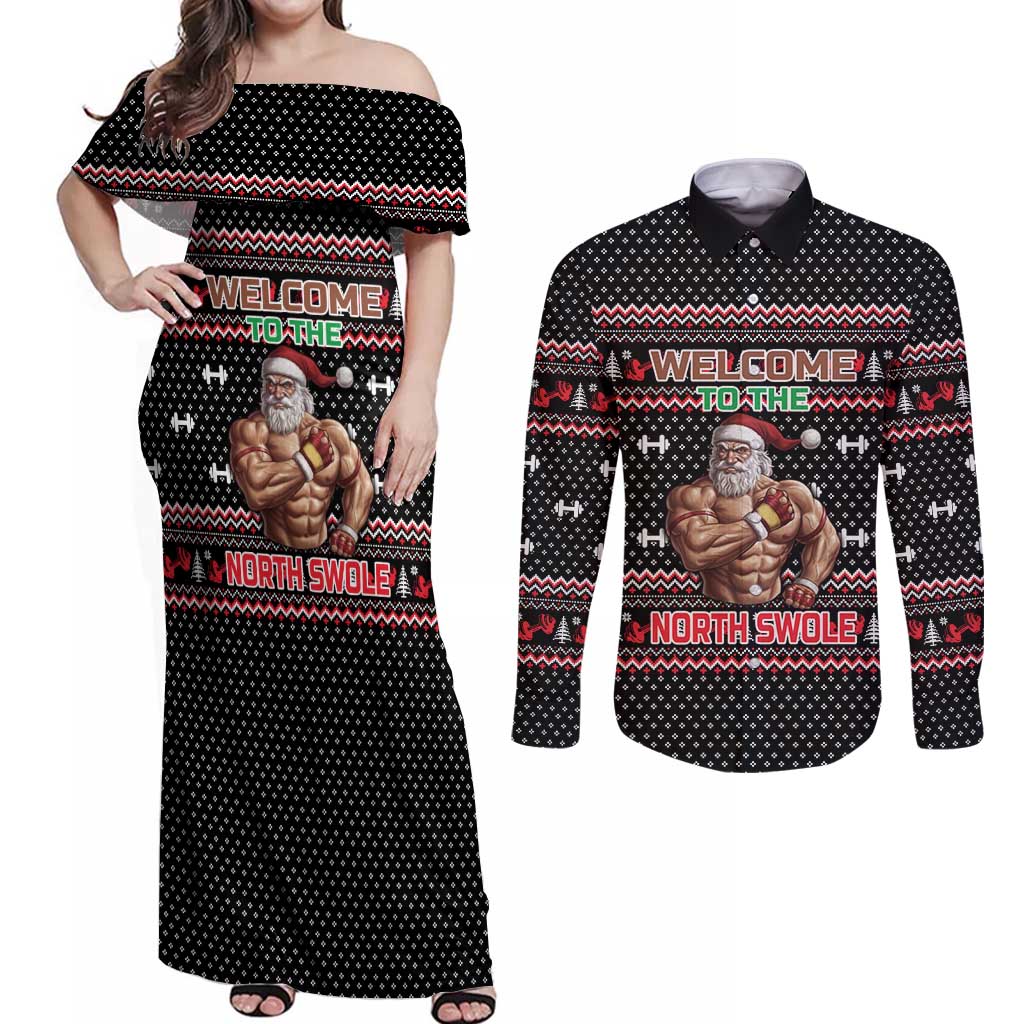 Bodybuilder Santa Christmas Couples Matching Off Shoulder Maxi Dress and Long Sleeve Button Shirt with Welcome to the North Swole Quote and Dumbbell - Wonder Print Shop