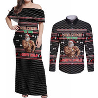 Bodybuilder Santa Christmas Couples Matching Off Shoulder Maxi Dress and Long Sleeve Button Shirt with Welcome to the North Swole Quote and Dumbbell - Wonder Print Shop