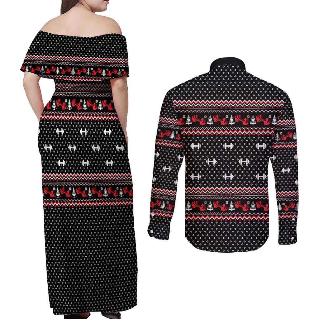Bodybuilder Santa Christmas Couples Matching Off Shoulder Maxi Dress and Long Sleeve Button Shirt with Welcome to the North Swole Quote and Dumbbell - Wonder Print Shop