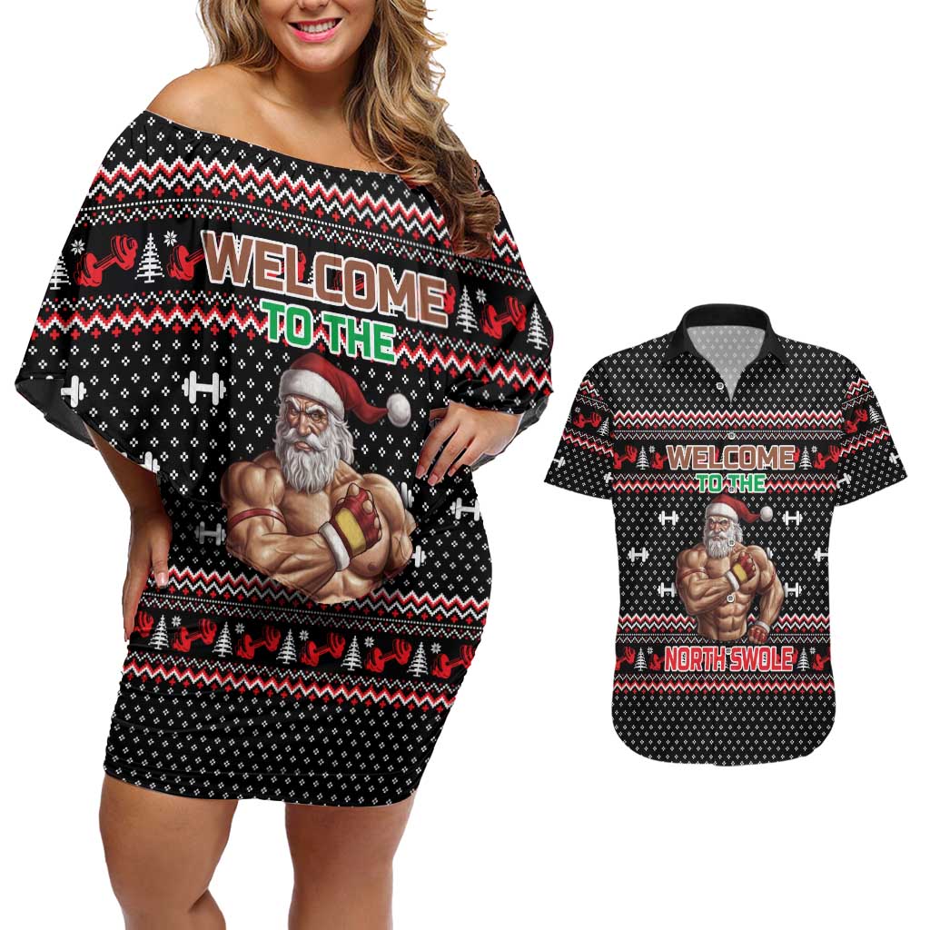 Bodybuilder Santa Christmas Couples Matching Off Shoulder Short Dress and Hawaiian Shirt with Welcome to the North Swole Quote and Dumbbell - Wonder Print Shop