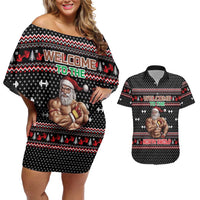 Bodybuilder Santa Christmas Couples Matching Off Shoulder Short Dress and Hawaiian Shirt with Welcome to the North Swole Quote and Dumbbell - Wonder Print Shop