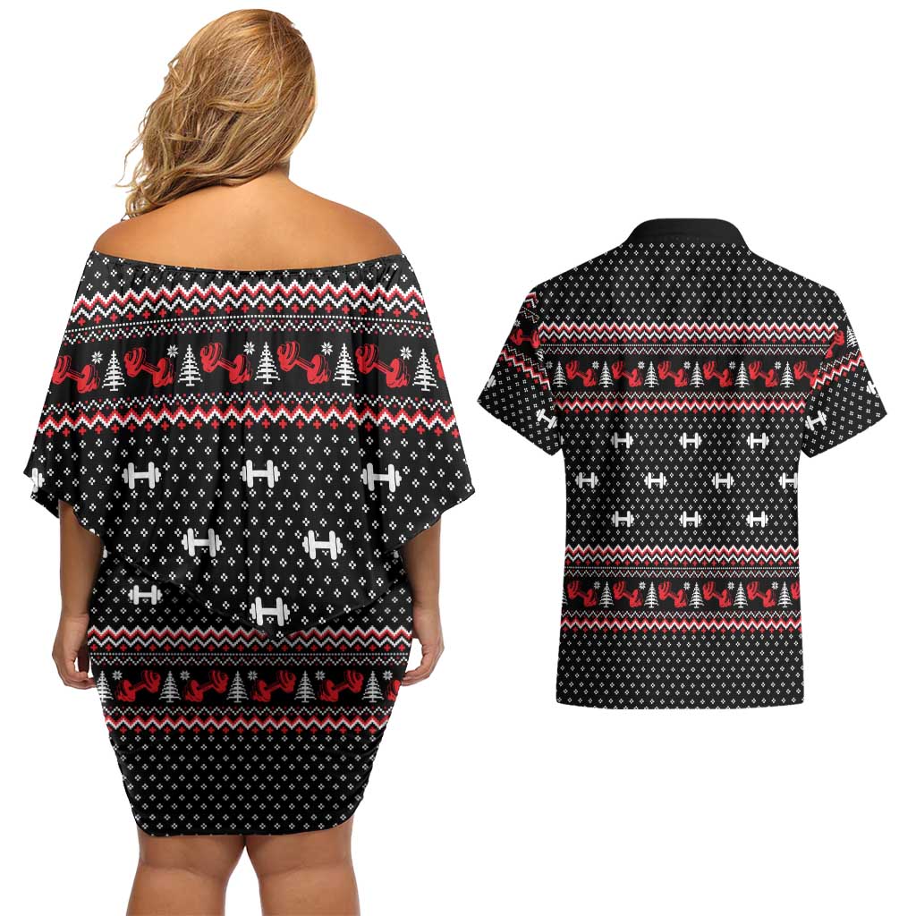Bodybuilder Santa Christmas Couples Matching Off Shoulder Short Dress and Hawaiian Shirt with Welcome to the North Swole Quote and Dumbbell - Wonder Print Shop