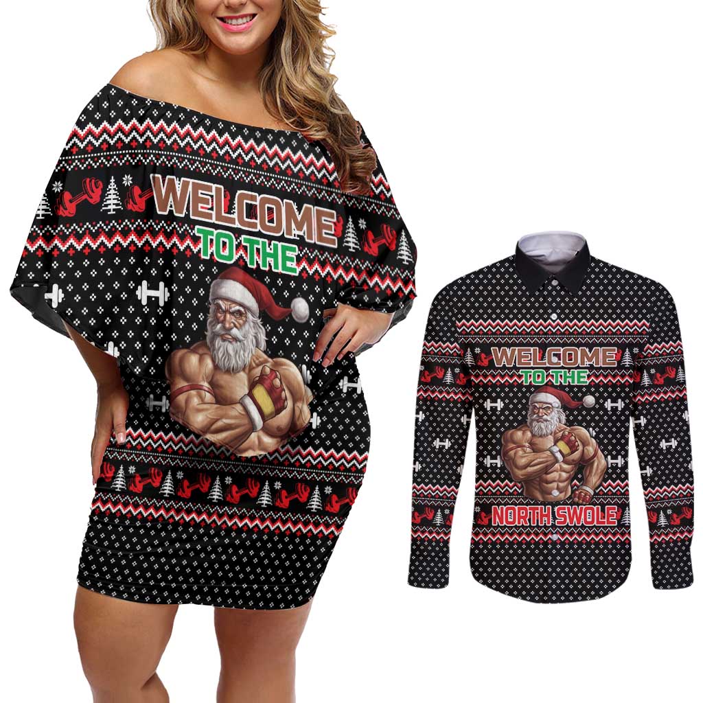 Bodybuilder Santa Christmas Couples Matching Off Shoulder Short Dress and Long Sleeve Button Shirt with Welcome to the North Swole Quote and Dumbbell - Wonder Print Shop