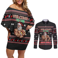 Bodybuilder Santa Christmas Couples Matching Off Shoulder Short Dress and Long Sleeve Button Shirt with Welcome to the North Swole Quote and Dumbbell - Wonder Print Shop