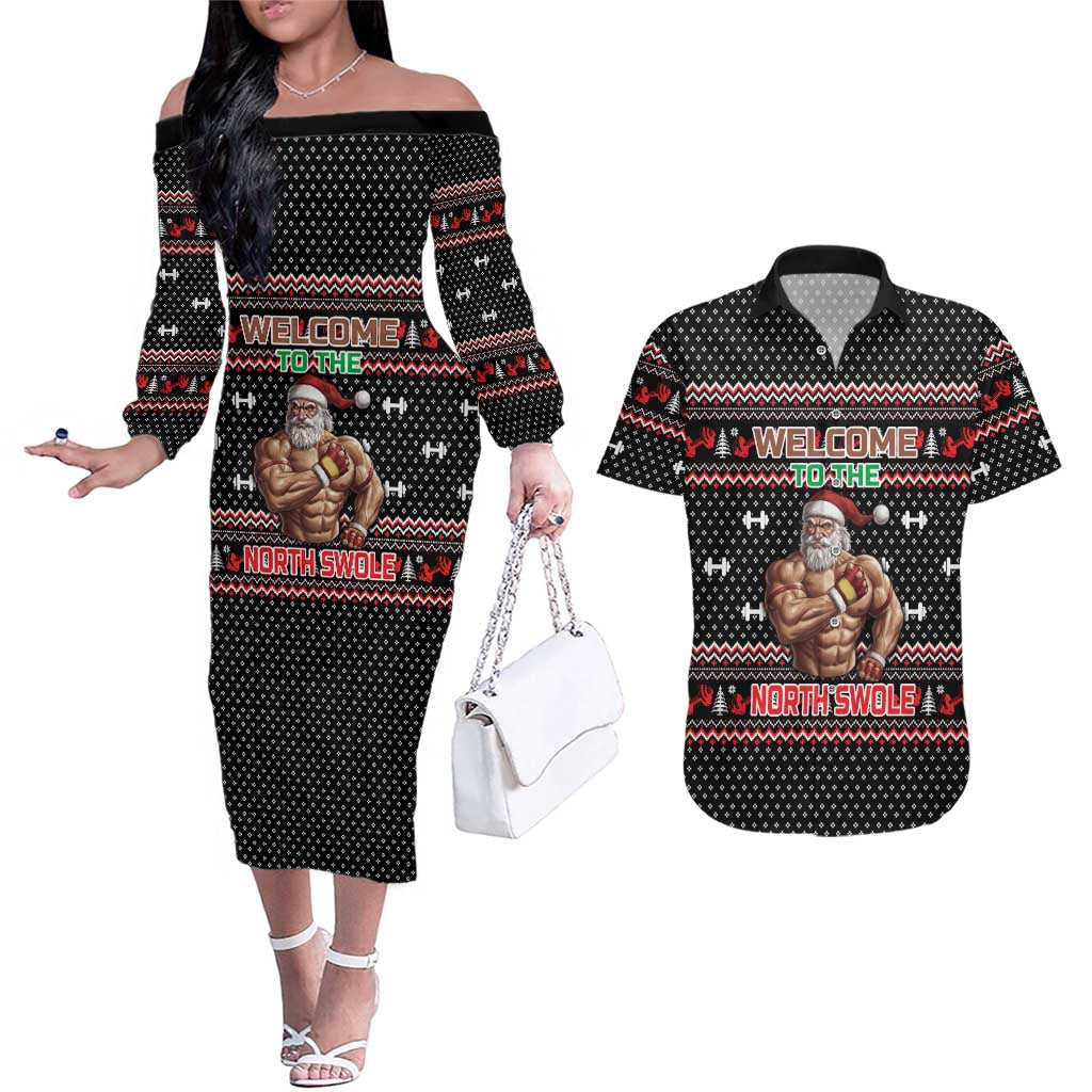 Bodybuilder Santa Christmas Couples Matching Off The Shoulder Long Sleeve Dress and Hawaiian Shirt with Welcome to the North Swole Quote and Dumbbell - Wonder Print Shop