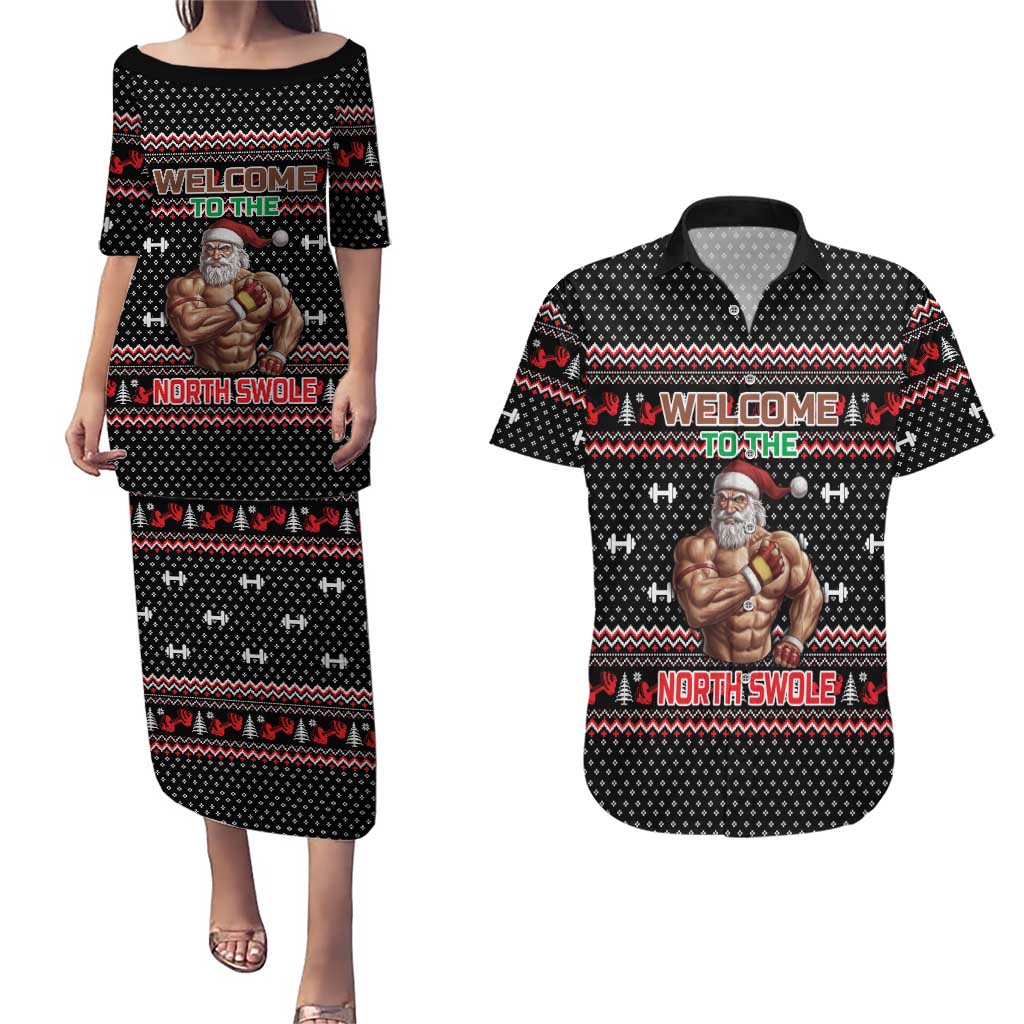 Bodybuilder Santa Christmas Couples Matching Puletasi and Hawaiian Shirt with Welcome to the North Swole Quote and Dumbbell - Wonder Print Shop