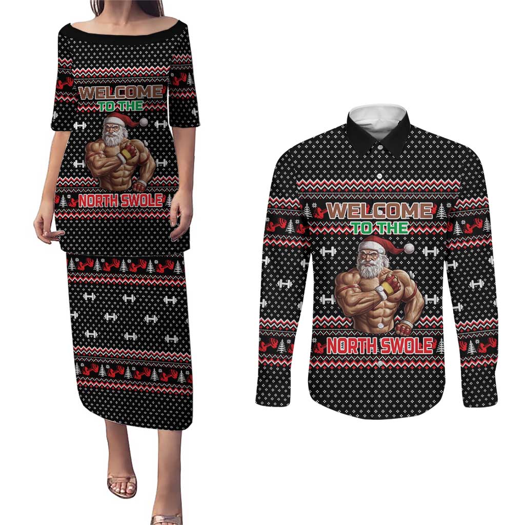 Bodybuilder Santa Christmas Couples Matching Puletasi and Long Sleeve Button Shirt with Welcome to the North Swole Quote and Dumbbell - Wonder Print Shop