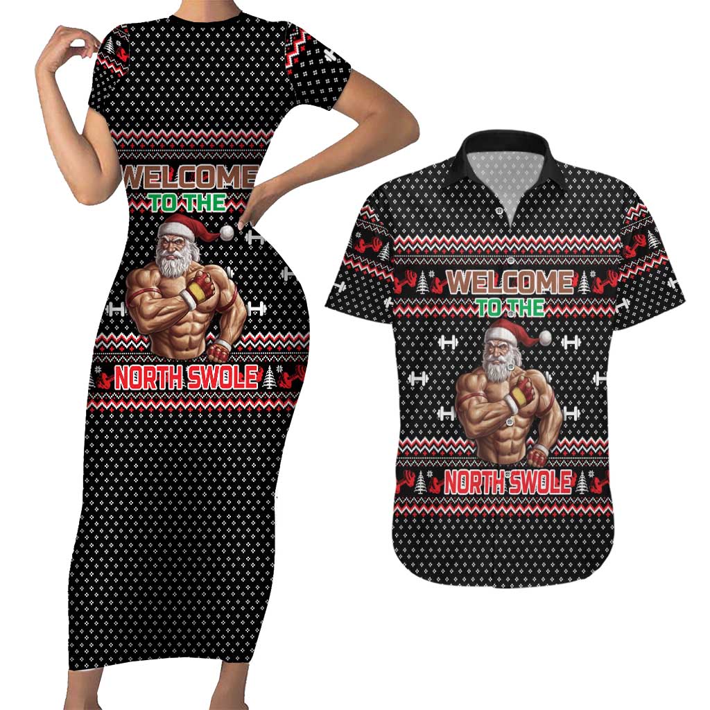 Bodybuilder Santa Christmas Couples Matching Short Sleeve Bodycon Dress and Hawaiian Shirt with Welcome to the North Swole Quote and Dumbbell - Wonder Print Shop