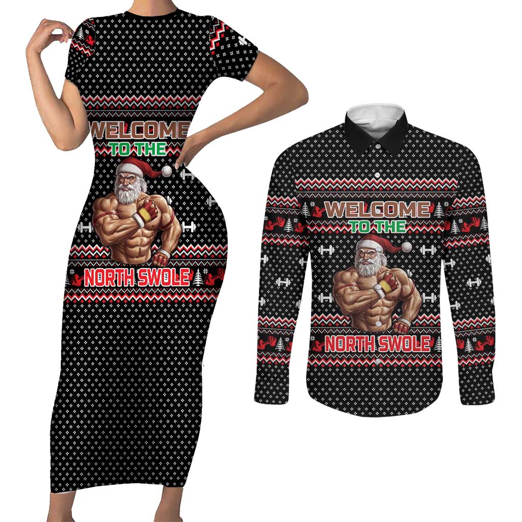 Bodybuilder Santa Christmas Couples Matching Short Sleeve Bodycon Dress and Long Sleeve Button Shirt with Welcome to the North Swole Quote and Dumbbell - Wonder Print Shop