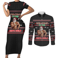 Bodybuilder Santa Christmas Couples Matching Short Sleeve Bodycon Dress and Long Sleeve Button Shirt with Welcome to the North Swole Quote and Dumbbell - Wonder Print Shop