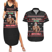 Bodybuilder Santa Christmas Couples Matching Summer Maxi Dress and Hawaiian Shirt with Welcome to the North Swole Quote and Dumbbell - Wonder Print Shop