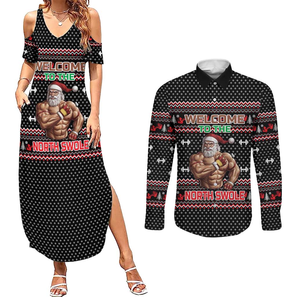 Bodybuilder Santa Christmas Couples Matching Summer Maxi Dress and Long Sleeve Button Shirt with Welcome to the North Swole Quote and Dumbbell - Wonder Print Shop