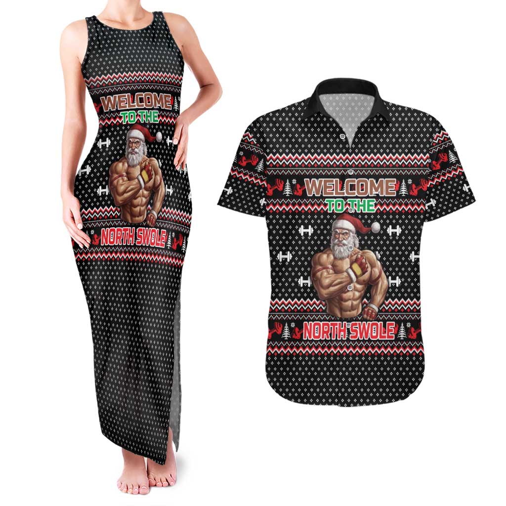 Bodybuilder Santa Christmas Couples Matching Tank Maxi Dress and Hawaiian Shirt with Welcome to the North Swole Quote and Dumbbell - Wonder Print Shop