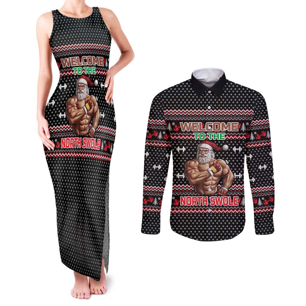 Bodybuilder Santa Christmas Couples Matching Tank Maxi Dress and Long Sleeve Button Shirt with Welcome to the North Swole Quote and Dumbbell - Wonder Print Shop