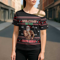 Bodybuilder Santa Christmas Cross Shoulder Shirt with Welcome to the North Swole Quote and Dumbbell - Wonder Print Shop