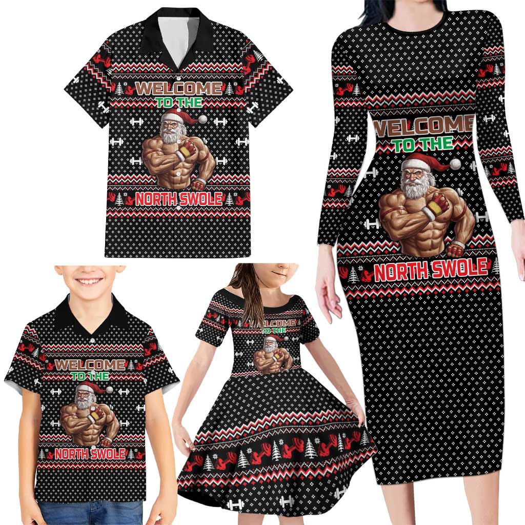 Bodybuilder Santa Christmas Family Matching Long Sleeve Bodycon Dress and Hawaiian Shirt with Welcome to the North Swole Quote and Dumbbell - Wonder Print Shop