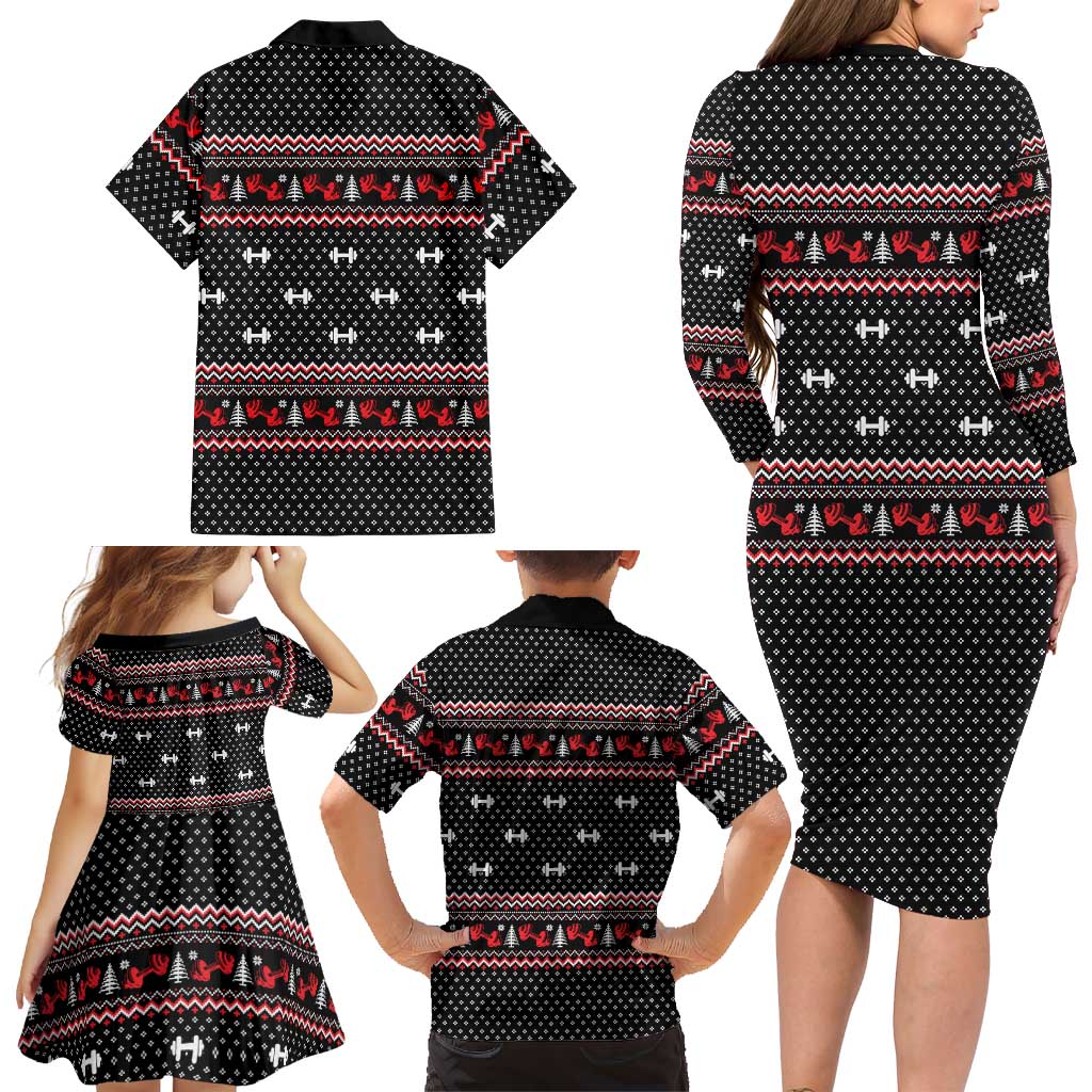 Bodybuilder Santa Christmas Family Matching Long Sleeve Bodycon Dress and Hawaiian Shirt with Welcome to the North Swole Quote and Dumbbell - Wonder Print Shop