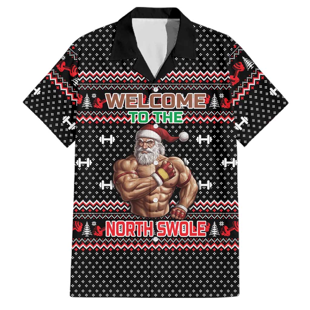 Bodybuilder Santa Christmas Family Matching Long Sleeve Bodycon Dress and Hawaiian Shirt with Welcome to the North Swole Quote and Dumbbell - Wonder Print Shop