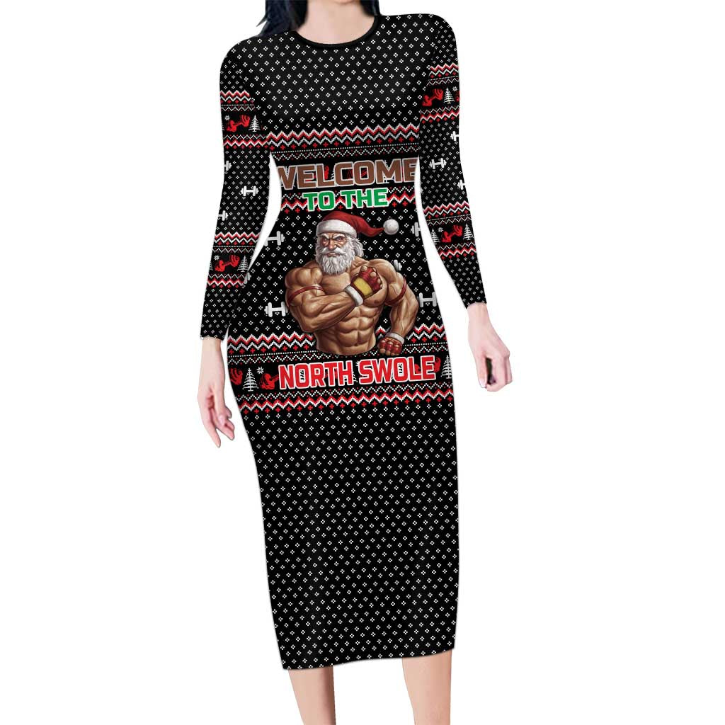 Bodybuilder Santa Christmas Family Matching Long Sleeve Bodycon Dress and Hawaiian Shirt with Welcome to the North Swole Quote and Dumbbell - Wonder Print Shop
