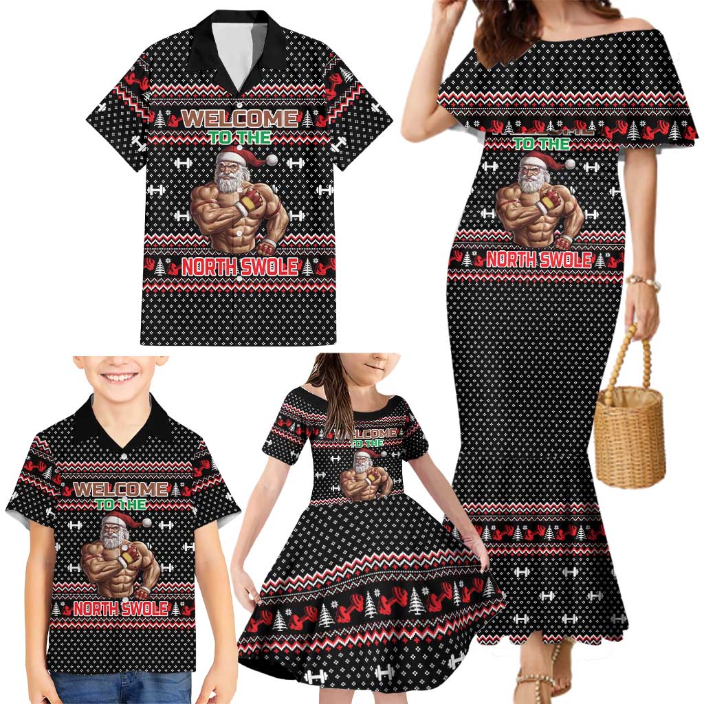 Bodybuilder Santa Christmas Family Matching Mermaid Dress and Hawaiian Shirt with Welcome to the North Swole Quote and Dumbbell - Wonder Print Shop